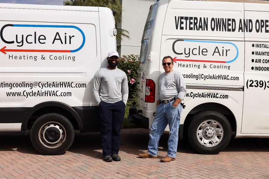 Two Cycle Air team members standing with the company service vans